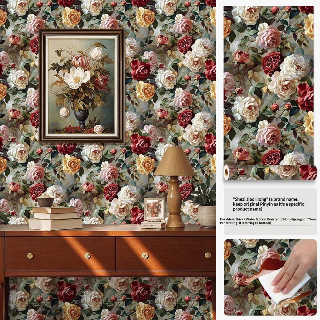 Premium Self-adhesive Wallpaper Flower Retro Pattern Wardrobe Cabinet Door Renovation Wallpaper Renovation Waterproof Furniture Sticker