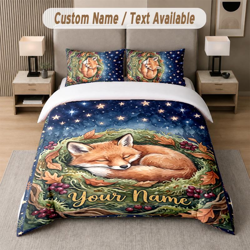 Wolf Fox Theme Custom Text Or Name 3Pcs Bedding Set 1 Flat Sheet & 2 Pillowcases Personalized Home Bedding