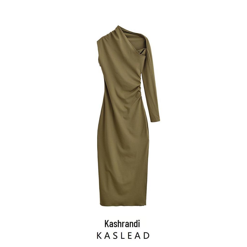 2025 Spring Women's Asymmetrical Pleated Long Dress - European & American Style