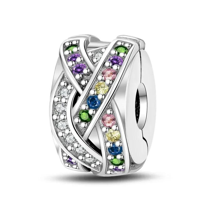 Colored Clasp Charms Shiny Pave Zircon Clip Charmsbeads Stopper Fitcopper Original Bracelet Women Gift Jewelry Making