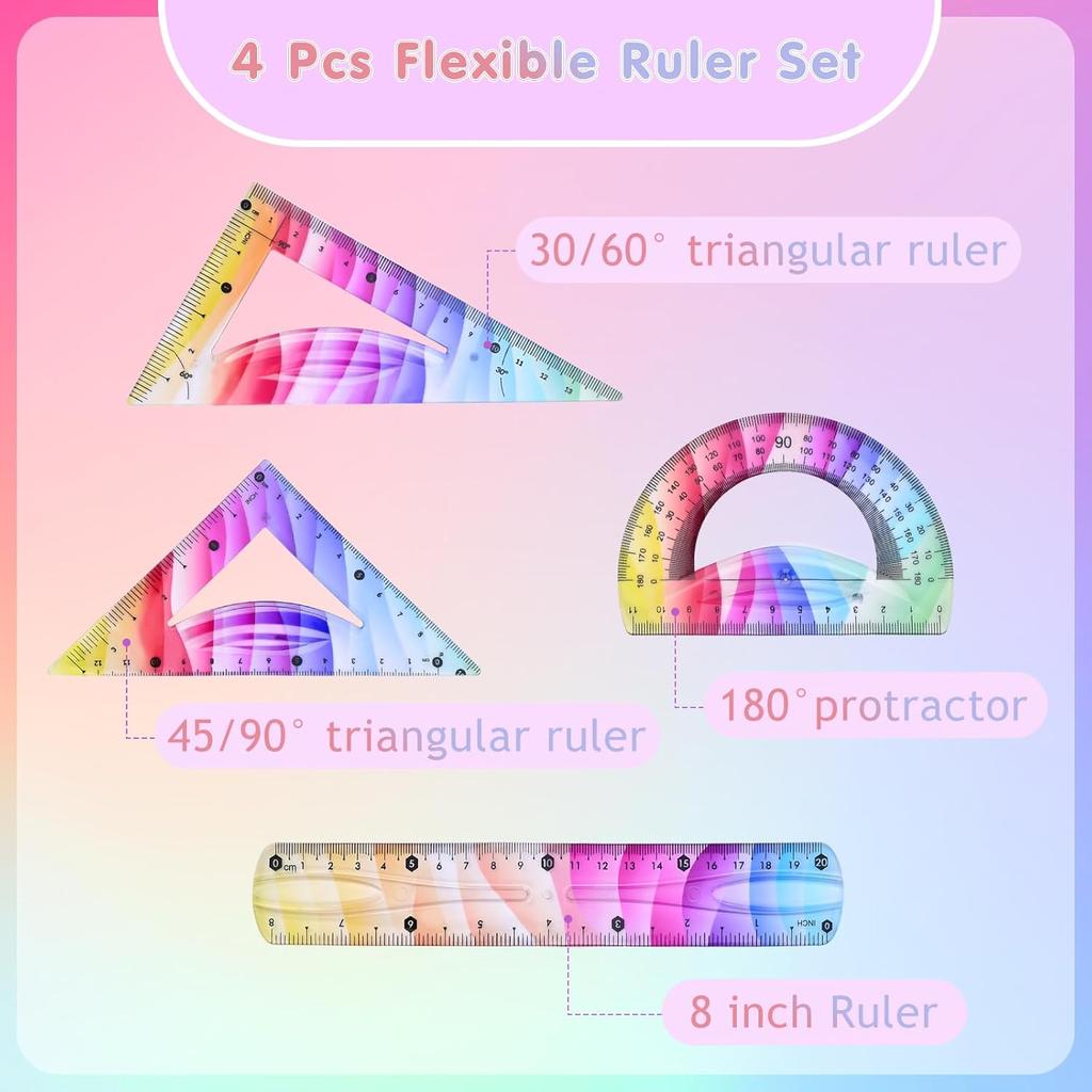 4 Pcs Flexible Rulers Set, Colorful Geometry Kit, Plastic Bendable Shatterproof Soft Rulers, Clear Ruler 20 cm/ 8 Inch, Triangle Rulers and