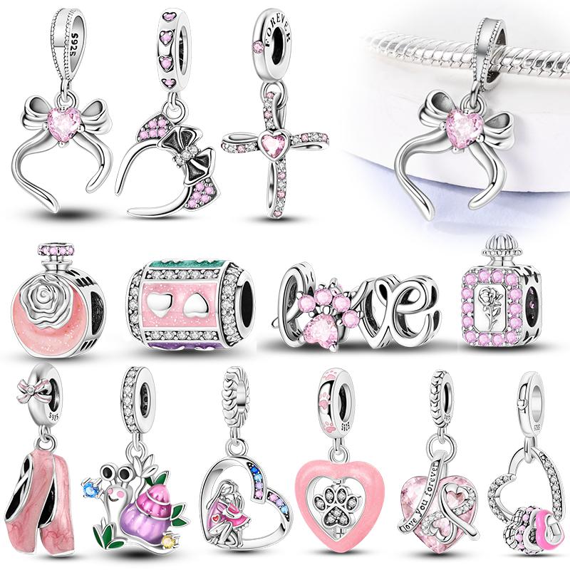 Pink Series Beads Copper Bear Love Bike Dance Shoe Charms Fit Original Bangle Bracelet Pendants Diy Jewelry Gift For Women