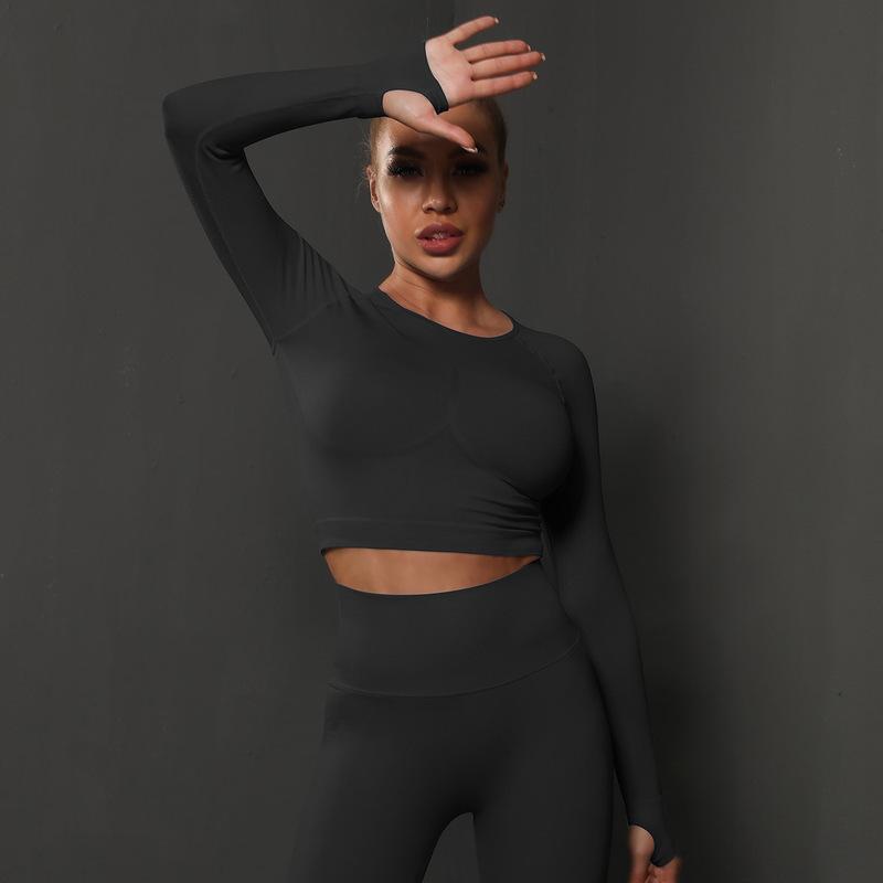 Seamless Tight Solid Color Pleated Sports Long Sleeved Top With High Elasticity, Breathability, Running, Fitness, Yoga Clothes For Women