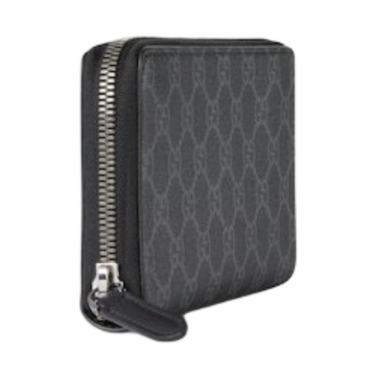 Gucci GG Supreme Canvas Zip Around Wallet, Black Grey Monogram, Men Long Wallet for Daily Use 821207-FAD6M-1000