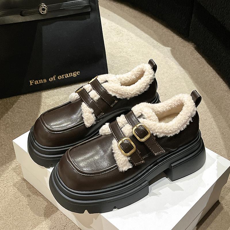 Black Velvet Platform Small Leather Shoes Women'S British Style Autumn And Winter One-Pedal Loafers Mary Jane Shoes