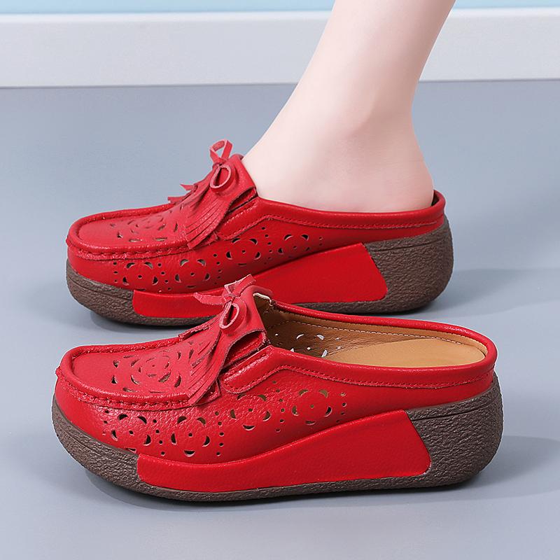 Damen Sandalen mit Höhenabsatz Plateau Loafers Rot Slipper zum Hineinschlüpfen Lässige Clogs Blume Leder Weiße Schuhe für Mutter
