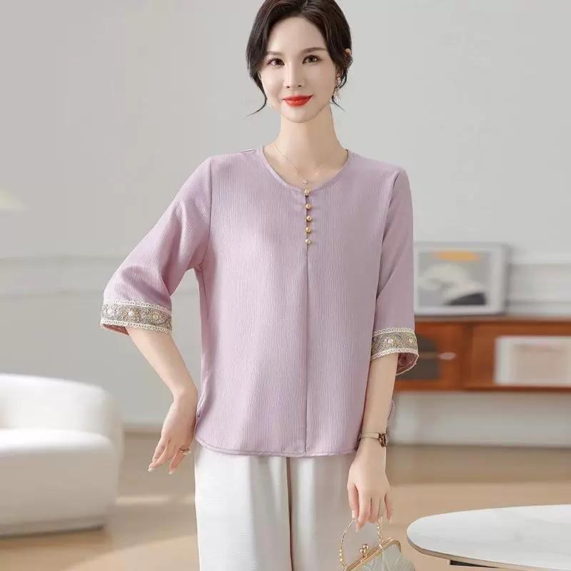 

2026 Summer Retro Chiffon Blouse: Fashionable Three-Quarter Sleeve for Middle-Aged Women 3XL (Recommended 120-135 jin) фиолетовый