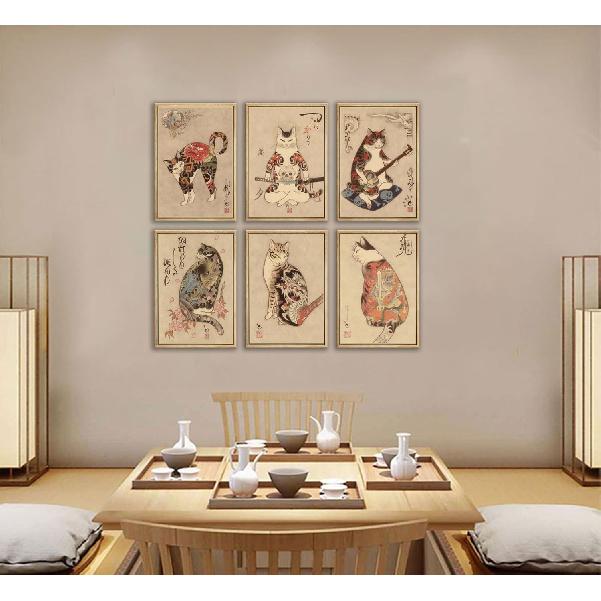 6Pcs Japanese Samurai Cat Wall Art Prints of Posters Japan Bushido Decor Kung Fu Paintings Tattoo Funny Fantasy Photo Picture Canvas Poster Painting