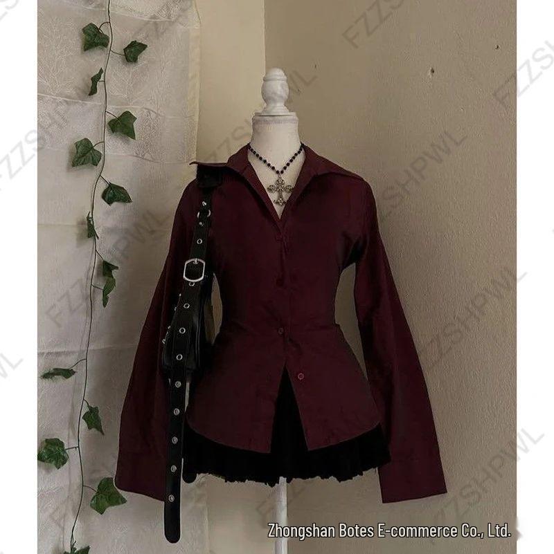 Y2K Französisches Schlank geschnittenes gestreiftes Hemd mit Kragen - Vielseitiges, sexy, einfarbiges Oberteil