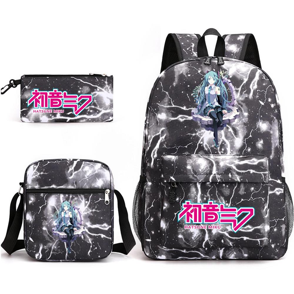 3Pcs/set Anime Cartoon Hatsune Miku Printed Backpack with Shoulder Bag Pencil Case for Teenager Student Boy Girl Large Capacity Waterproof School Bag