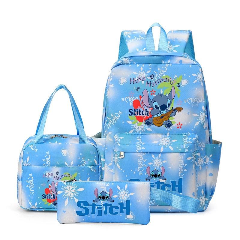 Stitch 3-teiliges Rucksack-Set für Jungen und Mädchen, Rucksack mit Campus-Cartoon-Print, Große Kapazität für Outdoor-Reisen