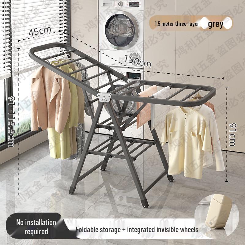 Folding Floor-Standing Clothes Drying Rack for Household, Bedroom, Balcony, Indoor Use - Ideal for Baby Clothes and Quilts.