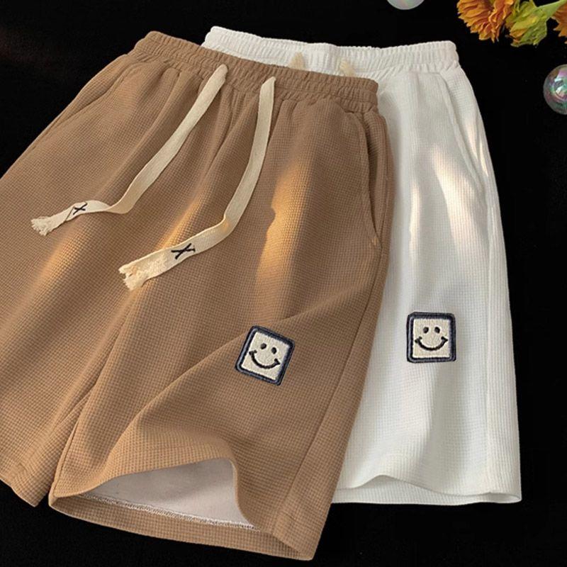 Pánské letní vaflové jednoduché kraťasy se stahovací šňůrkou, sportovní pět kalhot, volné rovné kalhoty Tide Ins