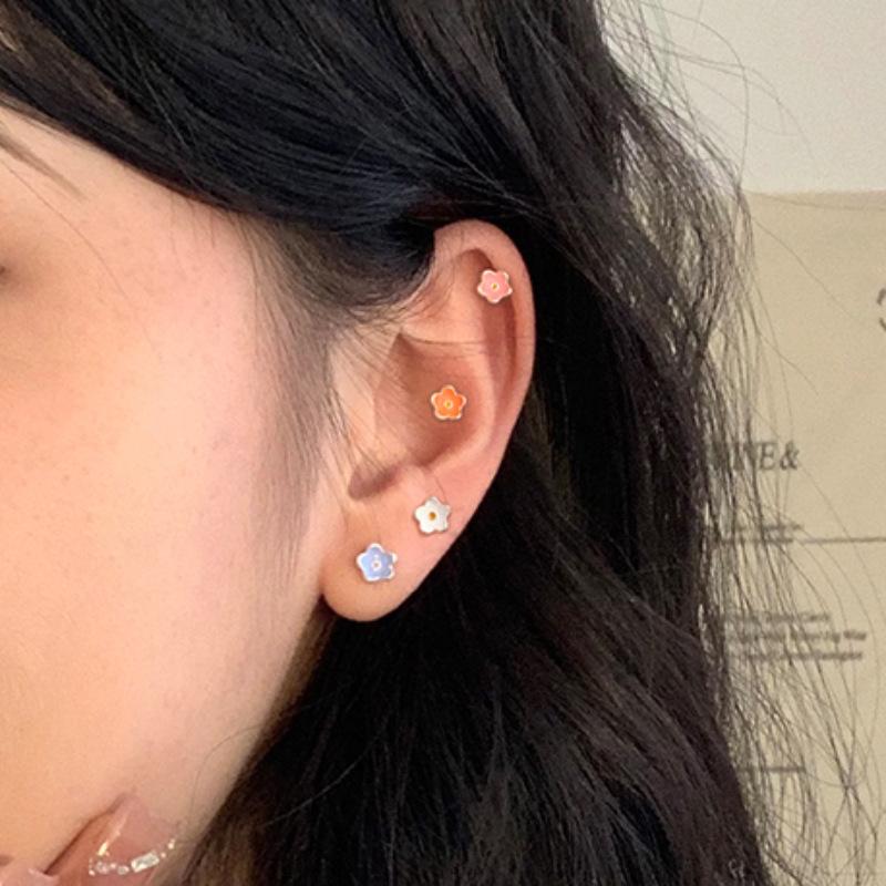 PANJBJ 925 Sterling Silve Flower Earrings For Women Girl Drip Glaze Multicolour Korean Sweet Jewelry Birthday Gift Dropshipping