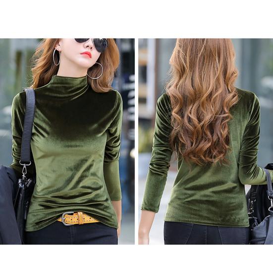 Half High Collar Long Sleeves Basic Top Women Autumn Winter Velvet Pure Color Bottoming Shirt