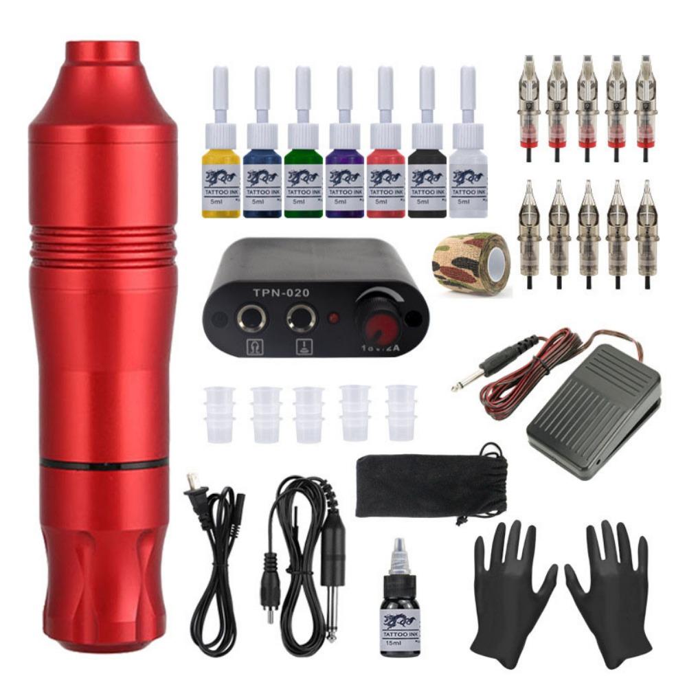 Tattoo Machine Kit with Power Supply, Pigment, 10 Needles and Accessories
