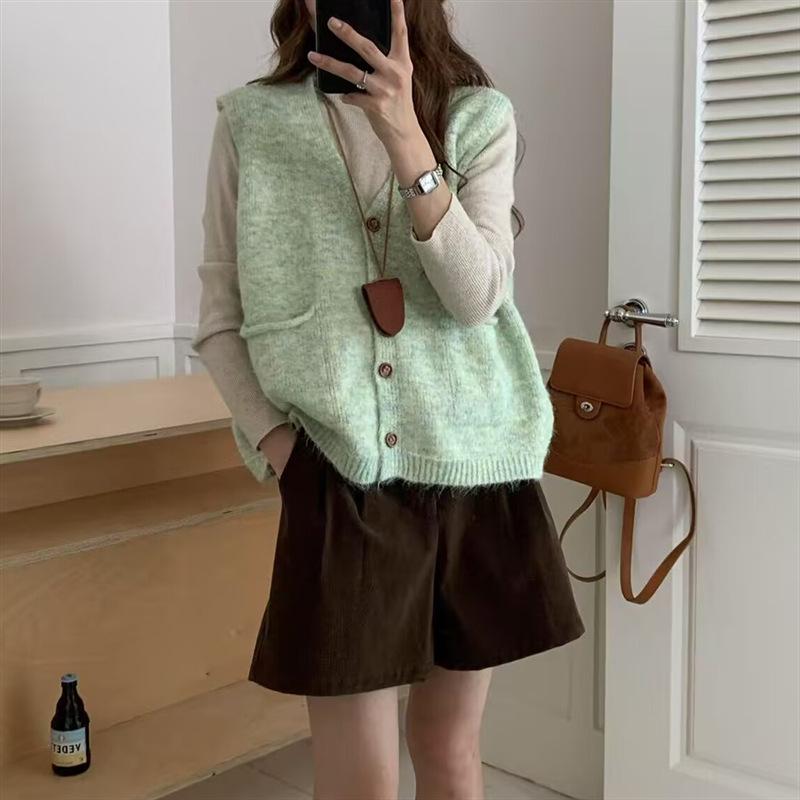 Women's Korean V-Neck Knit Cardigan Vest - Autumn/Winter Loose Sleeveless Layering Sweater