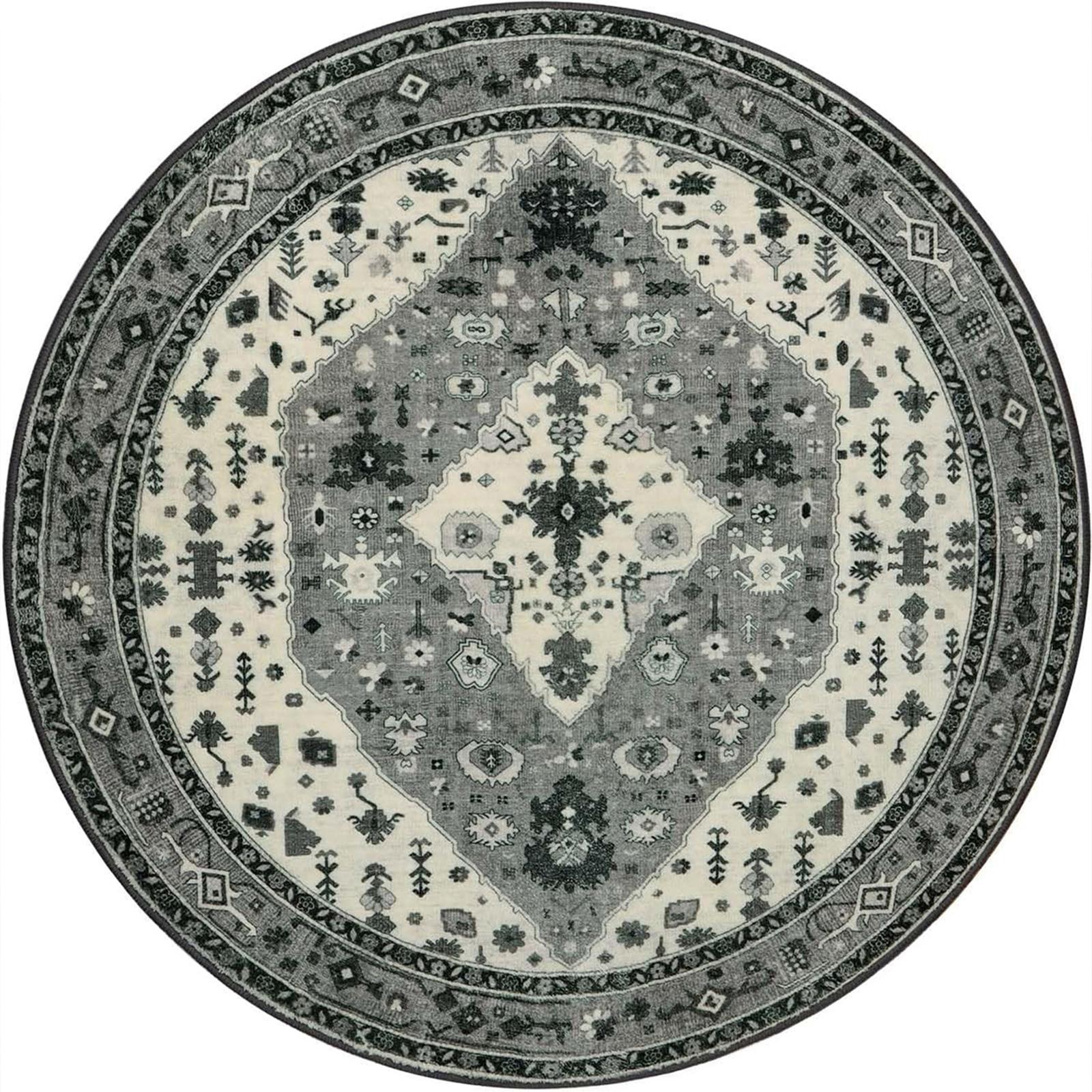 Round Ethnic Geometric Carpet - Multi-Layer Grey Floral Motif, Bohemian Rug for Living Room, Timeless Neutral Decor Centerpiece 80cm