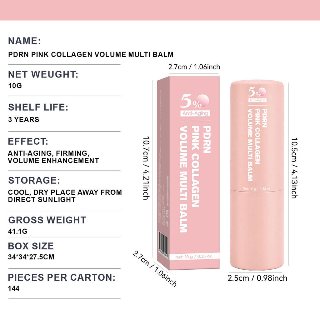 Bálsamo Labial Rellenador de Colágeno Rosa PDRN 10g, Hidratación Multiefecto Nutre y Reduce las Líneas de los Labios