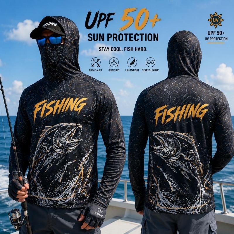 Men's Hooded Fishing Shirt UPF Sun Protection Breathable Long Sleeve Quick Dry Outdoor Angling Jersey With Face Cover