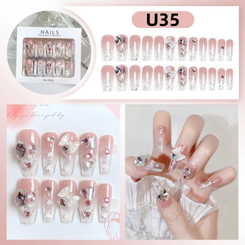 White Blue Color 3D Rabbit Star Rhinestone Designs-Full Cover Acrylic False Nails for Women and Girls Detachable Long Fake Nails