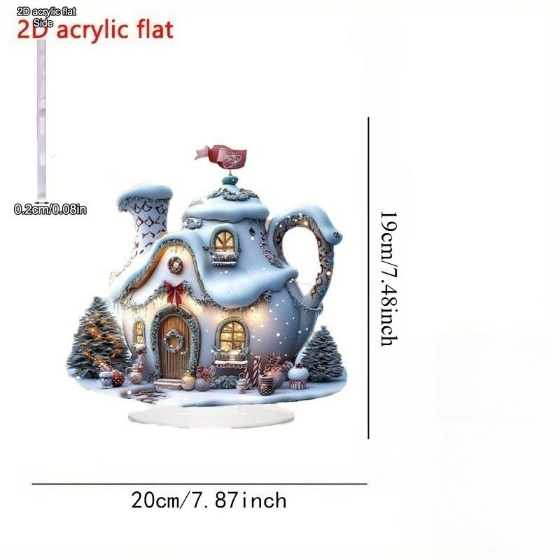 2D Flat Water Kettle Snow Hut Acrylic Desktop Decoratio, Christmas, with Base, Suitable for Wall Decoration, Porch, Room, Villa, Accents Home, Hallway