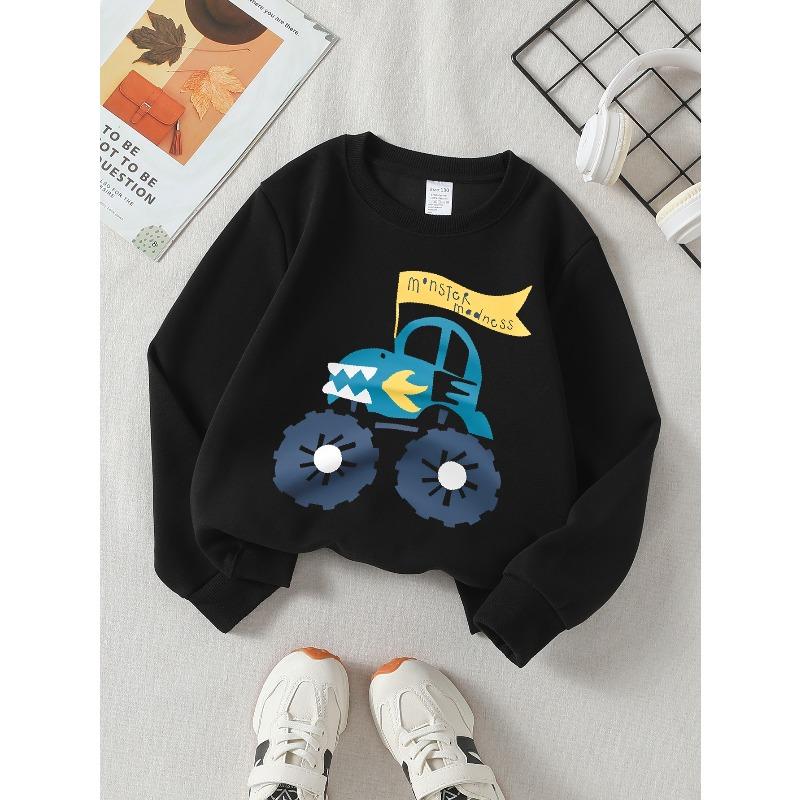 European Sizes Monster Truck Fun Orange Design Girls' Crew Neck Fashion Sweatshirt, Western Top, Long Sleeve Casual T-Shirt