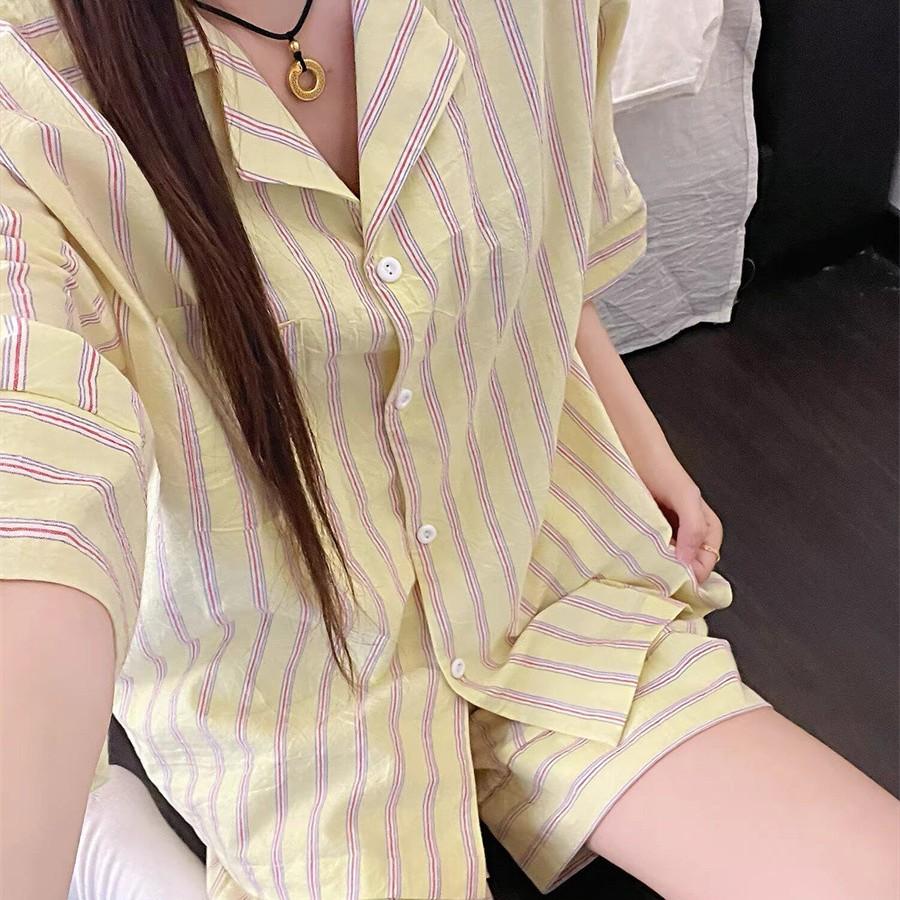 Yellow Striped Lazy Pajamas Women's Summer New Short-sleeved Shorts Casual Loungewear Girl Two-piece Set