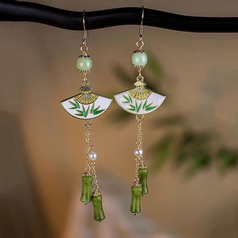 Retro Ruyi Tassel Fan-shaped Stud Earrings - Chinese Style