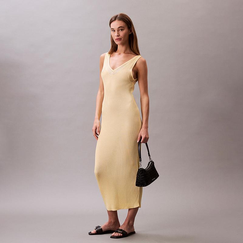 Calvin Klein French V-Neck Ribbed Knit Slip Dress Women dresses Sunlight-Yellow 47C304G