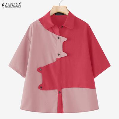 Women Casual Turn Down Collar Loose Short Sleeve Blouse