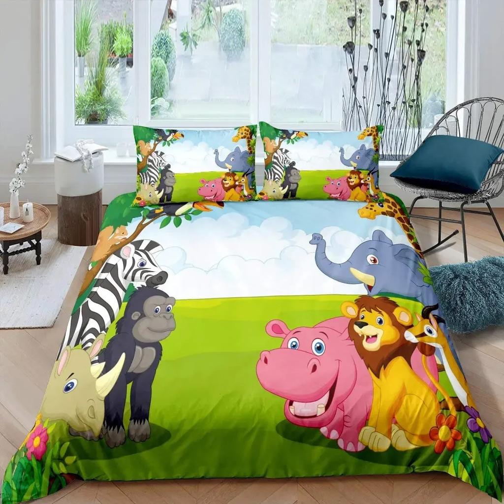 Cartoon Tiere Bettbezug Set King Size Savanne Tropischer Wald Dschungel Wildtiere Bettwäsche Set Kinder Zoo Polyester Bettdeckenbezug