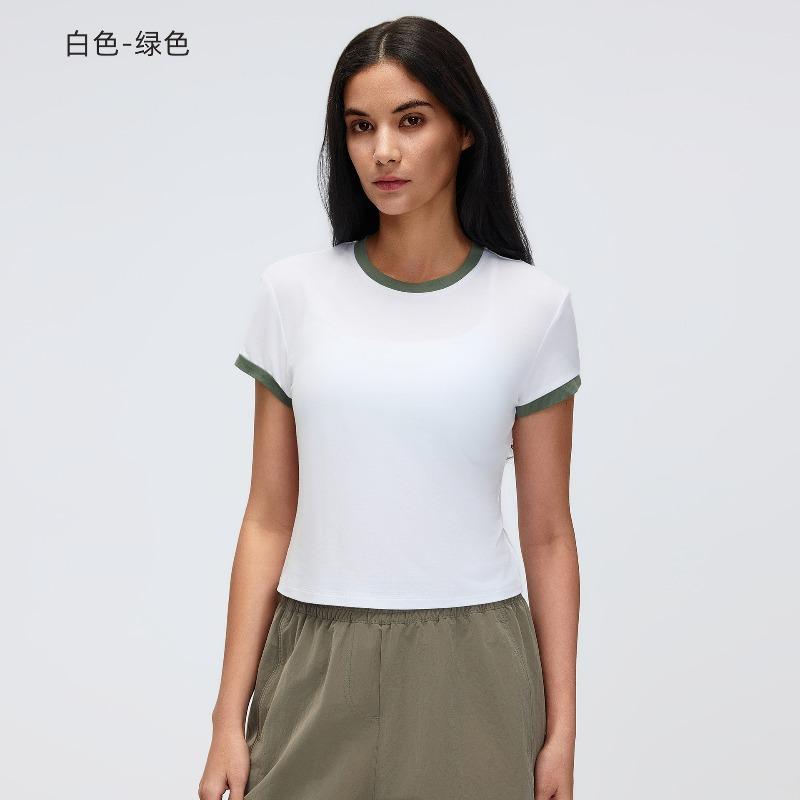 Contrasting Color Front Shoulder Short Sports Short-sleeved T-shirt Women's Summer Solid Color Round Neck Sports Yoga Top