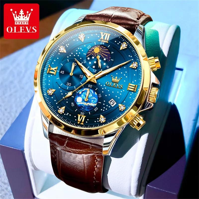 

OLEVS Watches for Men Chronograph Leather Date Calendar Moon Phase Mens Wrist Watch Quartz Analog Luminous Waterproof Men Watch золотий/синій