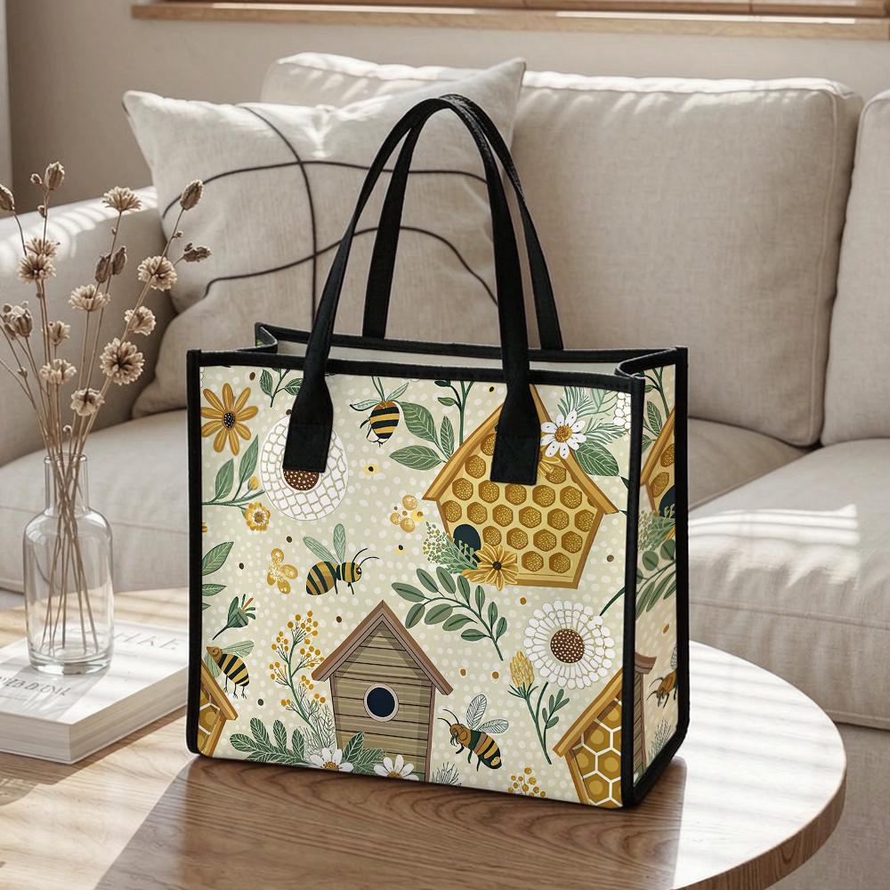 Cute Bee Floral Print Tote Bag Casual Daily Shoulder Handbag Women Fashion Outdoor Carry Bag
