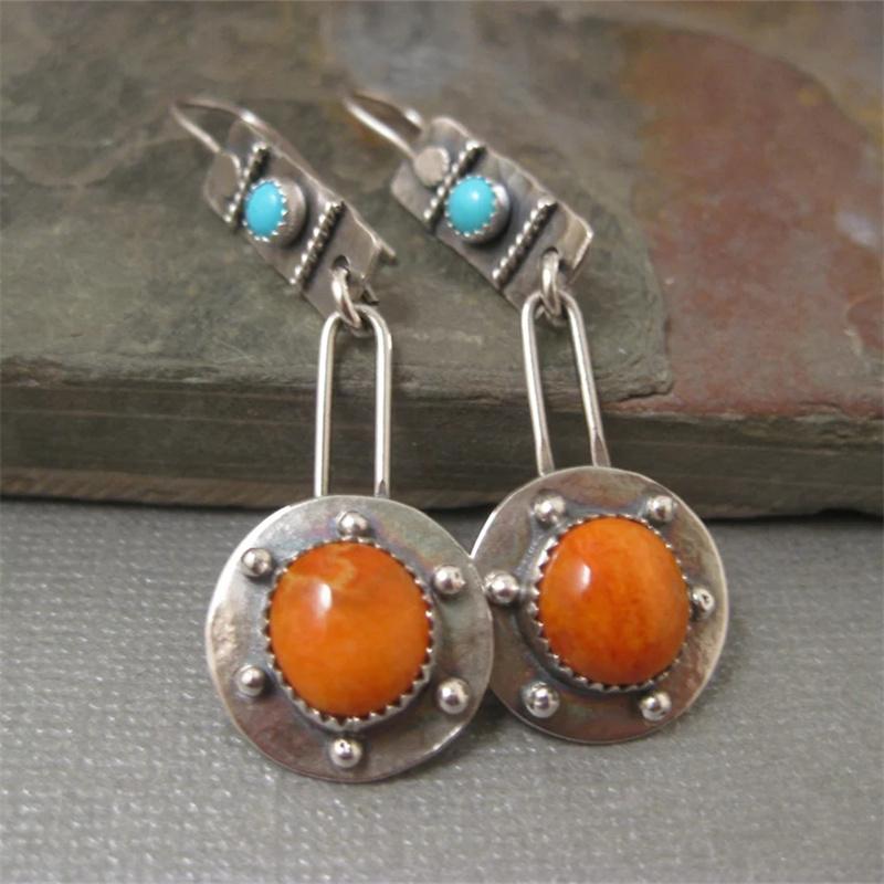 

Винтажные круглые серьги с кораллом, металл цвета меди, ручная работа, литье под давлением, узор, серьги-подвески с синим камнем