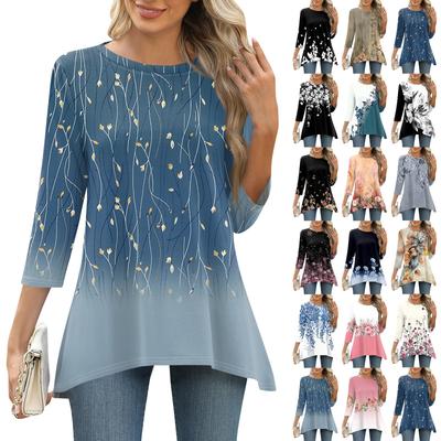 3/4 Sleeve Tunic Tops For Women Printed Daily Weekend Loose Fit  Fashion Basic Round Neck T Shirt