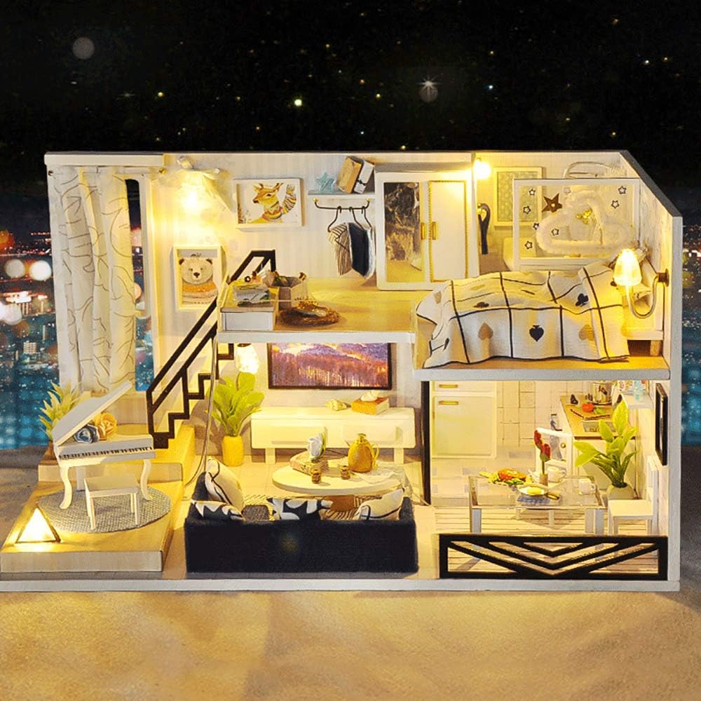 Moin Moin Dollhouse Miniature Handmade Kit Modern Two-Story Model Room with LED Light and Acrylic Case