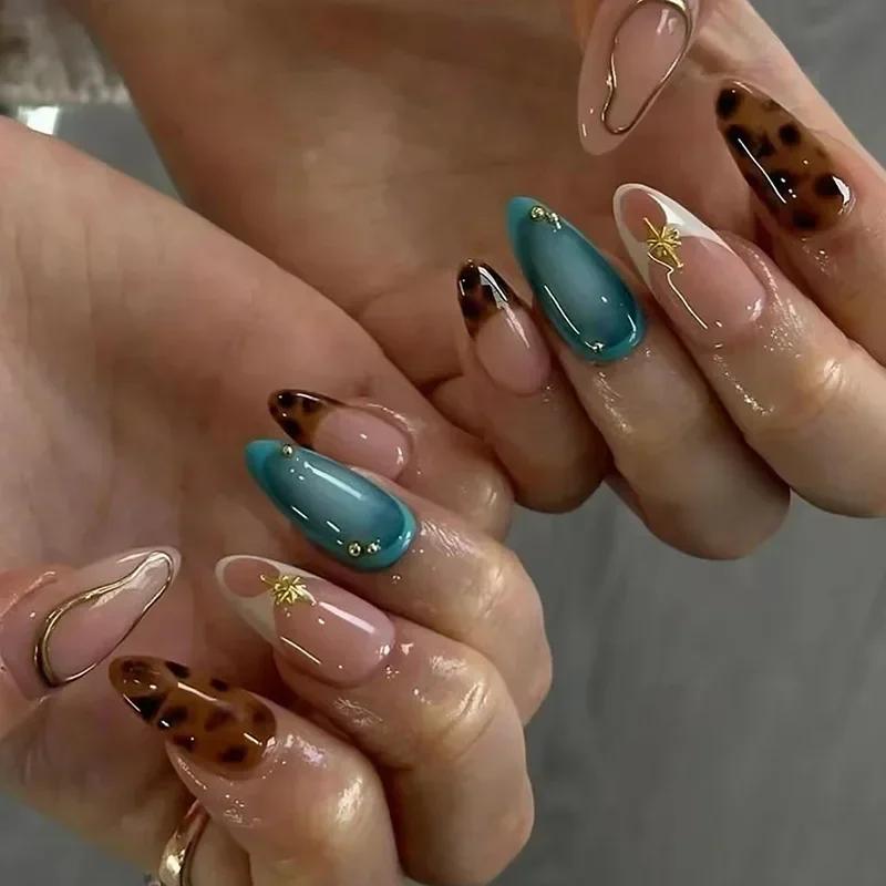 24 Stück Mandel-Press-On-Nägel mit Leopardenmuster und Mini-Blumen-French-Tips, Retro Süß Cool Acryl-Fingernägel