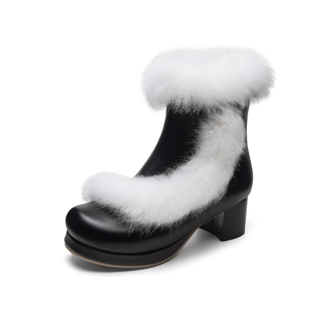 Lolita Cosplay Costom Ankle Boots Girls with Rabbit Fur Black Pink White Women 2024 Uniform Leather High Heels Sweet Shoes