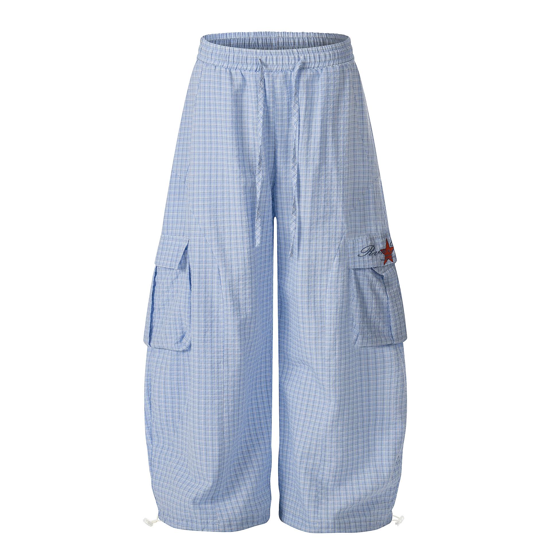 Women s 2026 Spring Retro Plaid Embroidered Wide-Leg Paratrooper Pants Medium синий