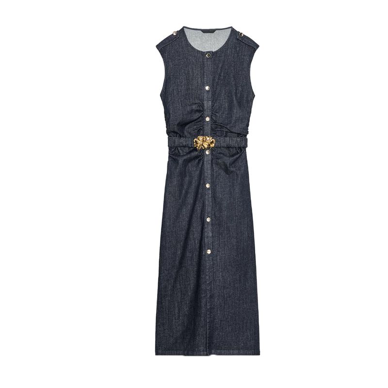 

Summer New Product Women s Clothes Minimalist Style Ruched Decoration with Belt Denim Midi Skirt Dress 3394576 Indigo L