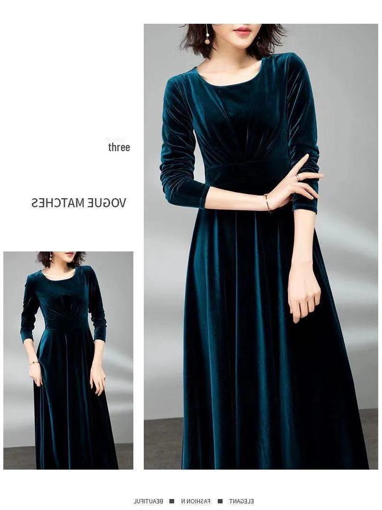 Noblewoman Autumn Golden Velvet Cinched Waist Long-Sleeved Dress with Large Hem