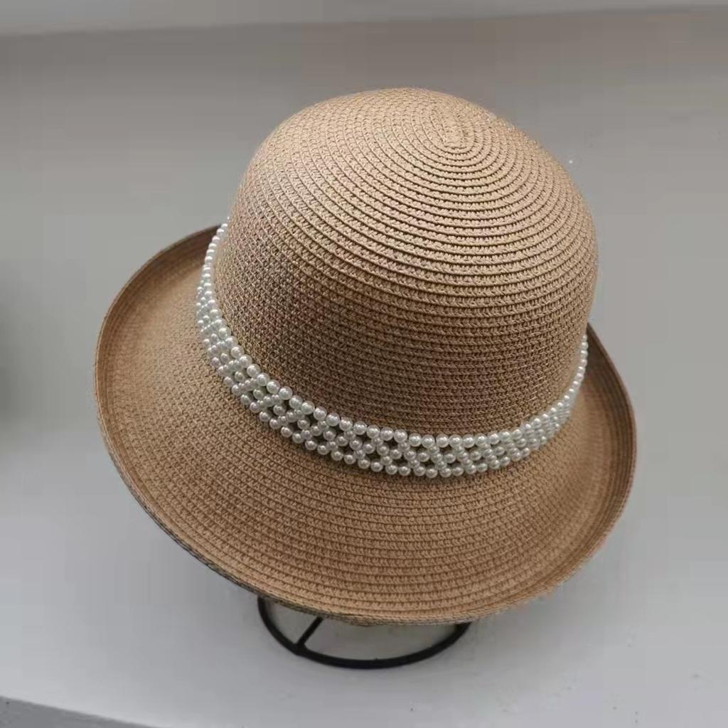 Designer Elegant Pearl Rims Fisherman Hat Fashion Socialite Retro Straw Hat Summer Sun Block Fisherman Hat