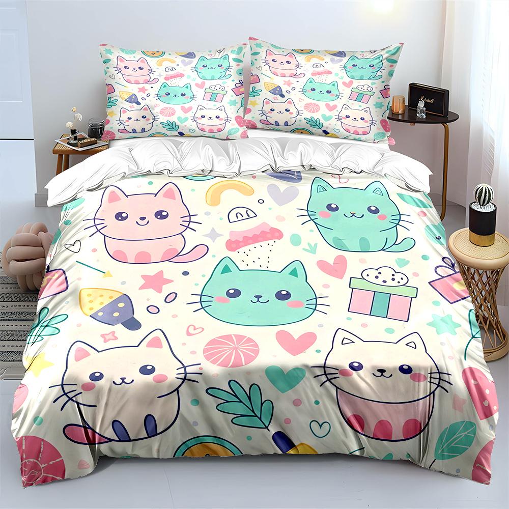 Cartoon Cats with Cute Print Bedding Set for Kids Luxury Gift 3pcs Digital Print Comforter Set Soft Comfortable Breathable