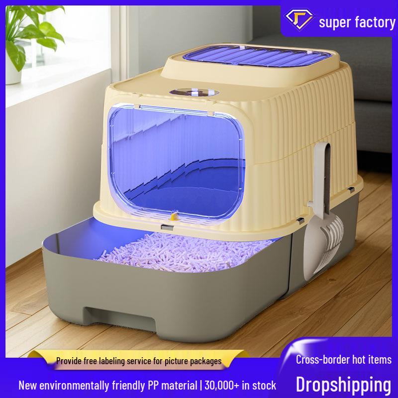 Fully Enclosed Extra Large Cat Litter Box with UV Sterilization and Foldable Drawer Design