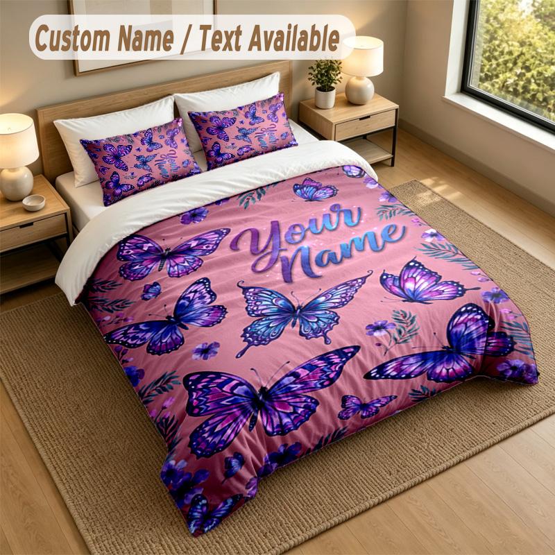 Butterfly Theme Personalized 3Pcs Bedding Set Custom Text & Name 1 Sheet 2 Pillowcases Household Bedding 1pc