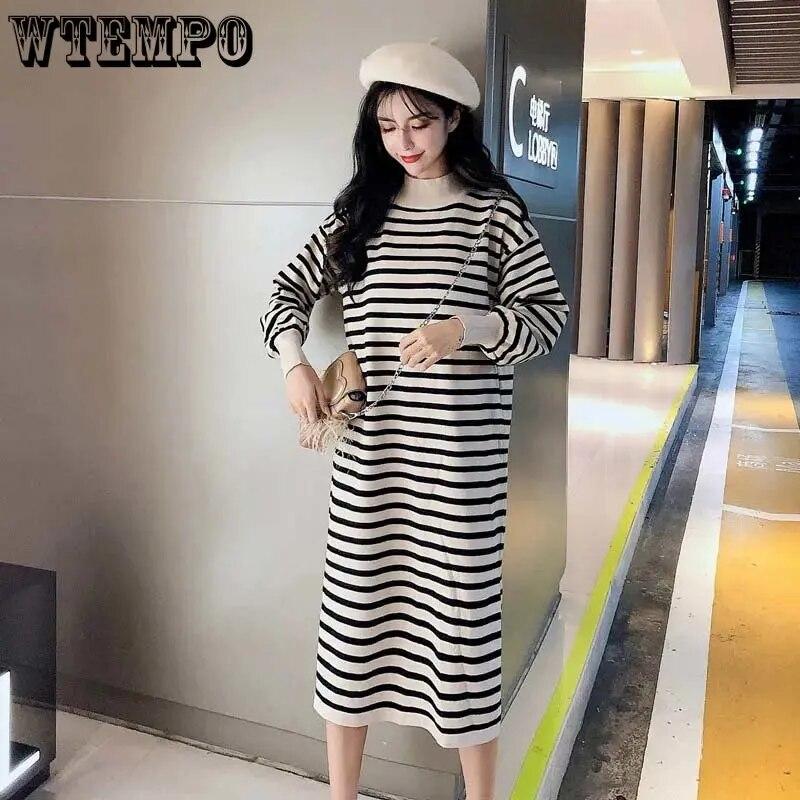 Rolák Pletené šaty Pruhované Dámské Svetr Dlouhý rukáv Volný Rozdělený Spodní Šaty Dojíždění Harajuku Podzim Zima
