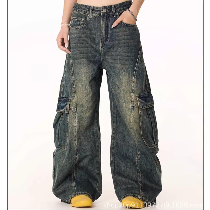 Retro big pocket washed old loose wide leg tooling jeans men's and women's nostalgic blue scimitar pants