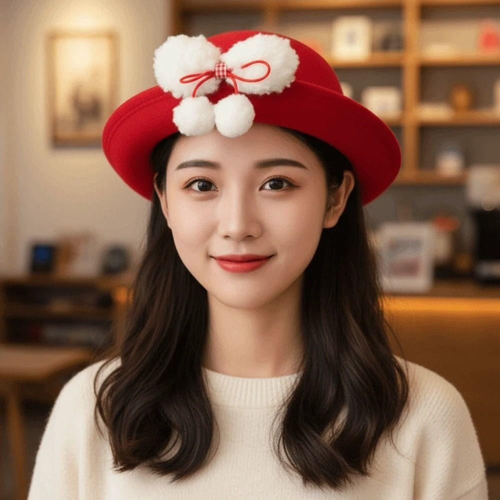 Vintage Looking Red Bowler Hats Japanese Style Girls Dome Hat Basin Hat Woolen Bucket Cap  Winter